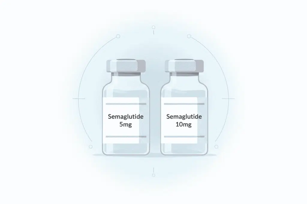 Two Semaglutide vials side by side showing 5mg and 10mg dosage options on a clean medical background with measurement graphics